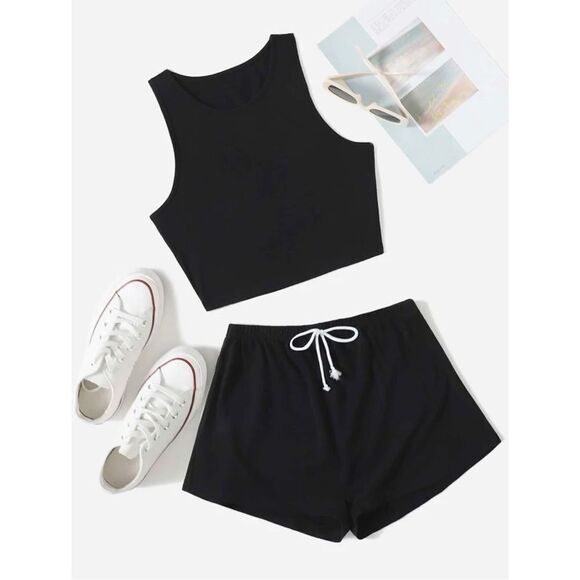 SHEIN EZwear Crop Tank Top & Knot Front Shorts 2pc set - Picture 1 of 7